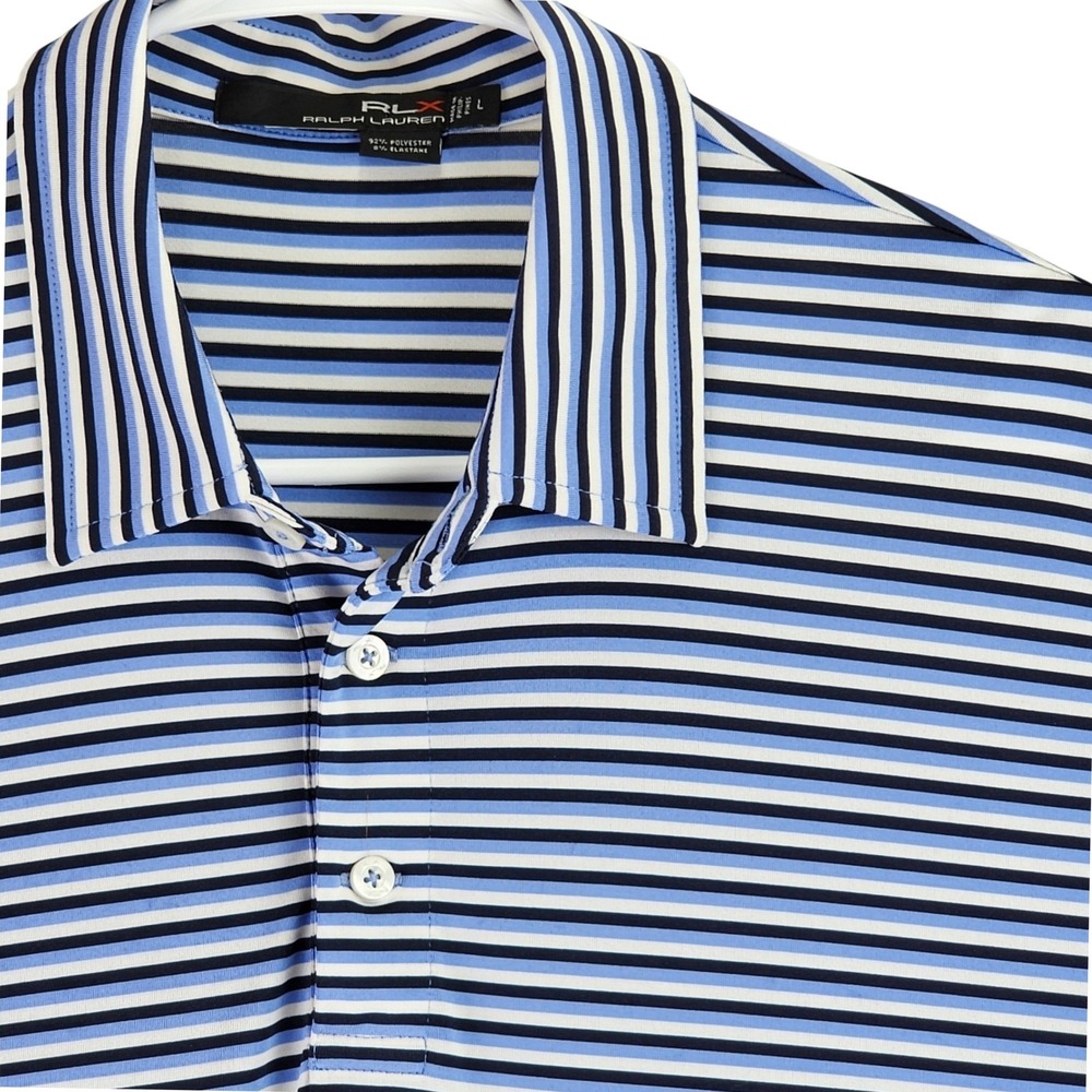 RLX Ralph Lauren Striped Polo Shirt Mens L Blue Performance Golf Club golfcore